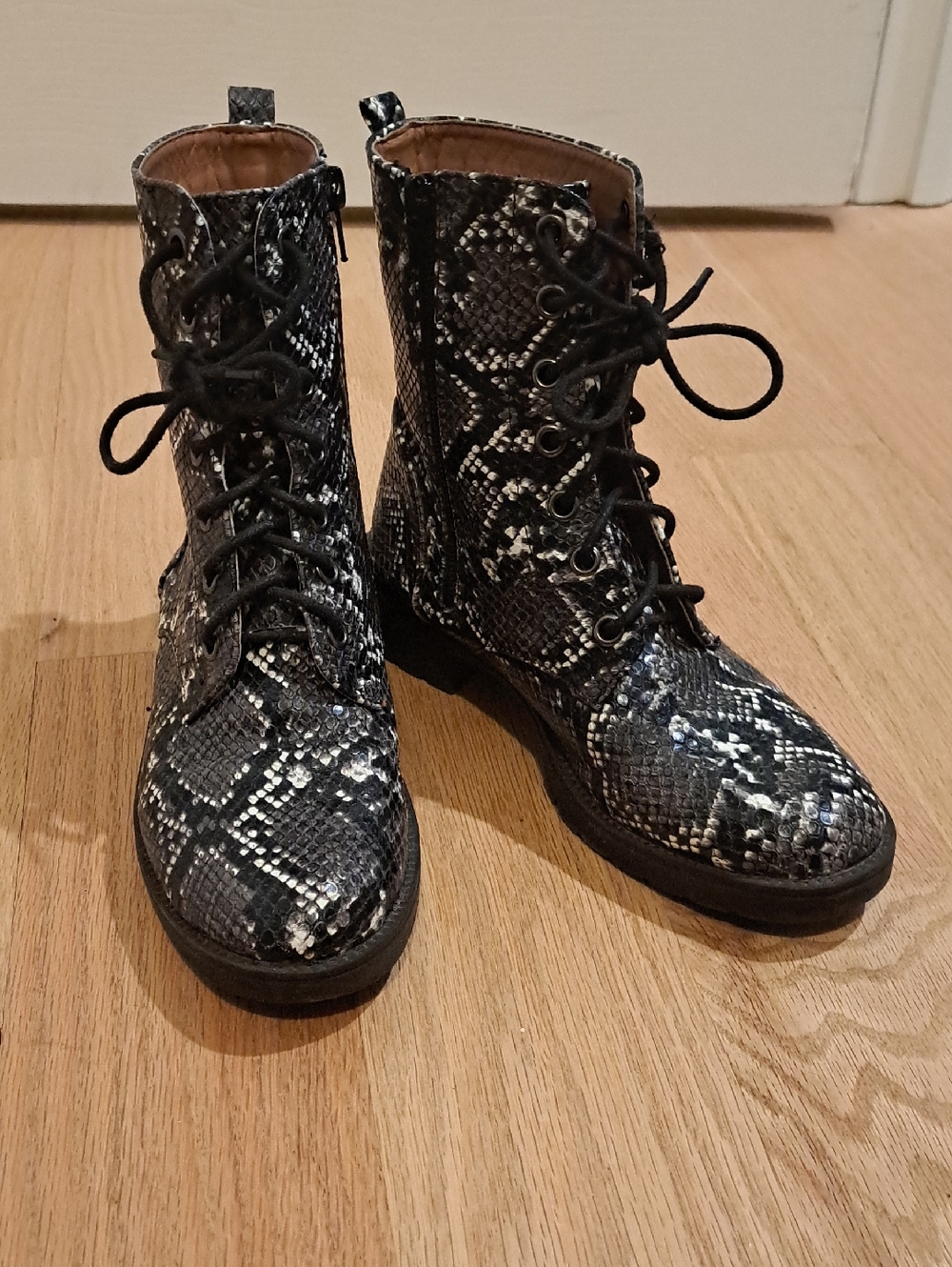 Coconuts by Matisse Black and White Snake-Print Combat Boots